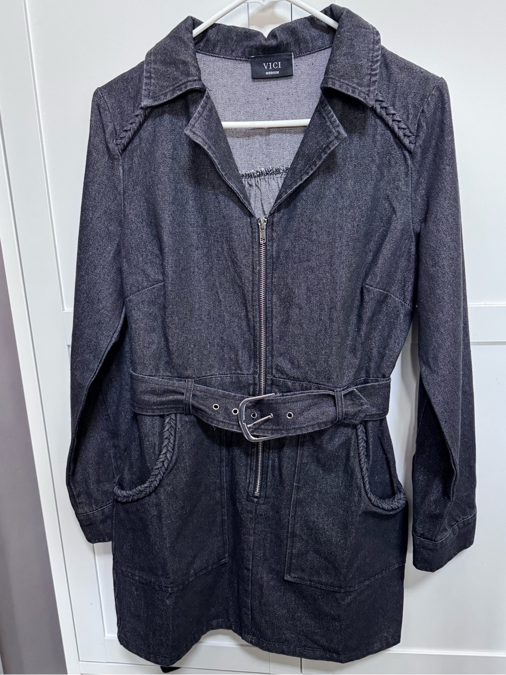 Vici Cannon Black Belted Moto Denim Mini Dress MED Western Utility Edgy Military